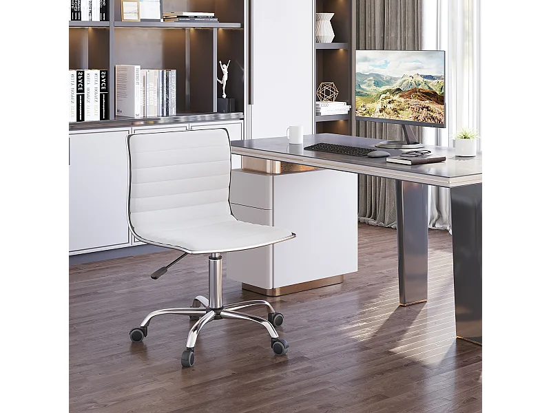 Chaise de bureau design style Chesterfield acier chromé revêtement synthétique blanc