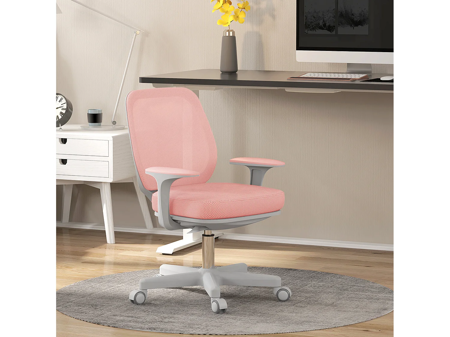 Chaise de bureau ergonomique hauteur réglable pivotante 360° revêtement maille rose