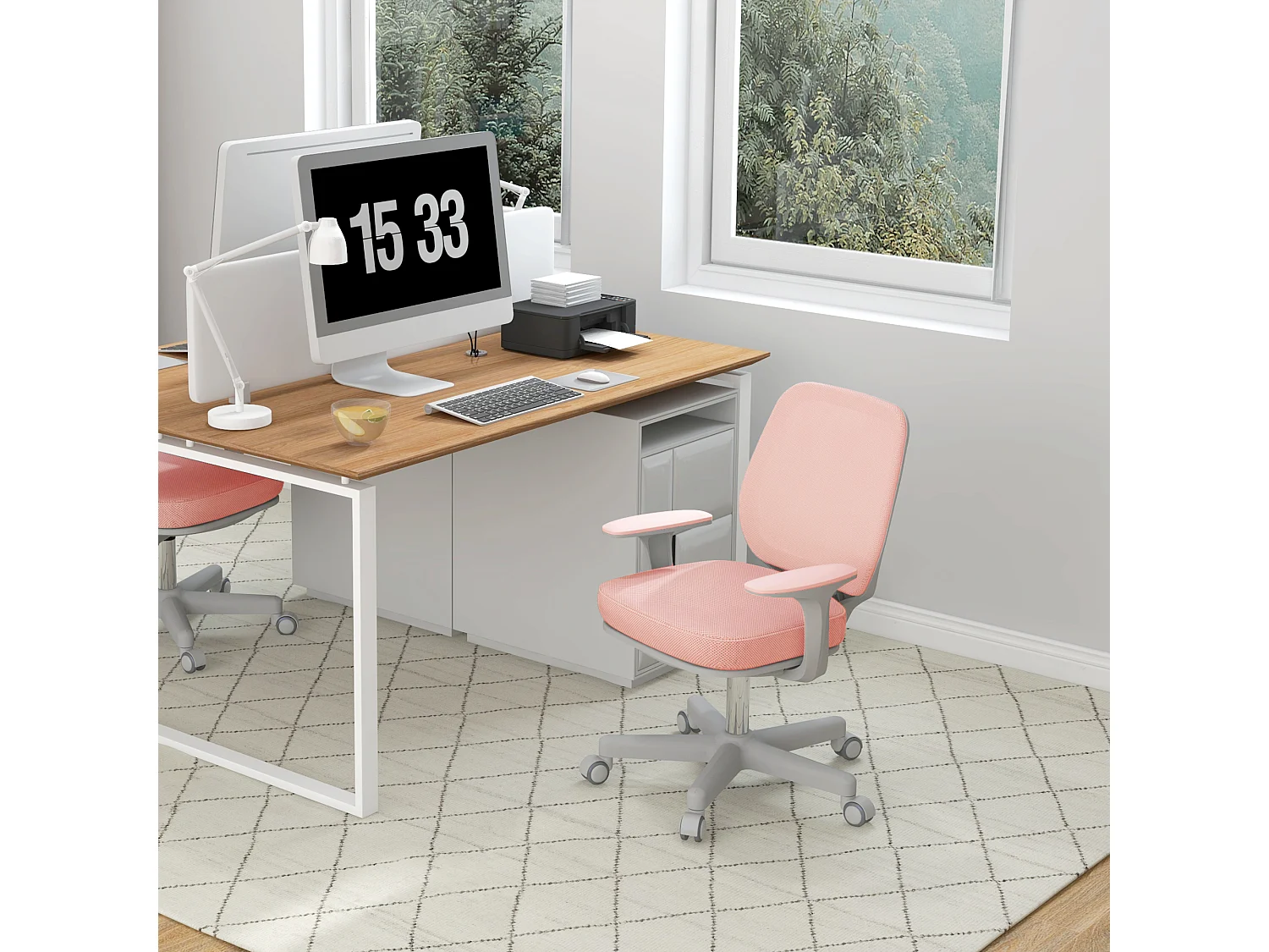 Chaise de bureau ergonomique hauteur réglable pivotante 360° revêtement maille rose