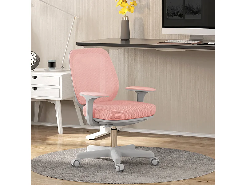 Chaise de bureau ergonomique hauteur réglable pivotante 360° revêtement maille rose