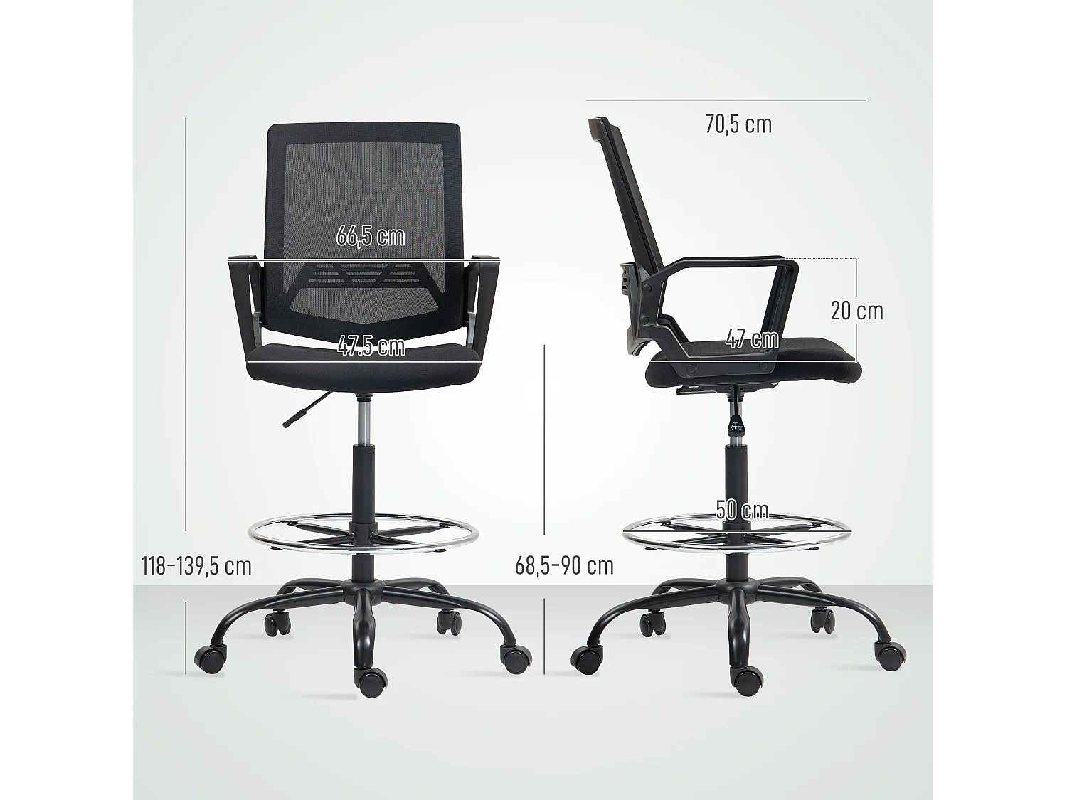 Chaise de bureau haute ergonomique - chaise de travail surélevée - assise haute réglable H.68-90 cm - noir