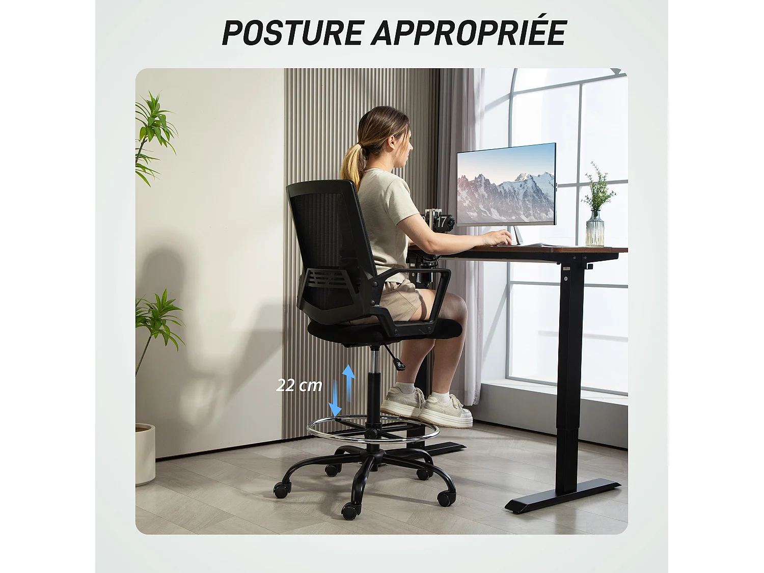 Chaise de bureau haute ergonomique - chaise de travail surélevée - assise haute réglable H.68-90 cm - noir