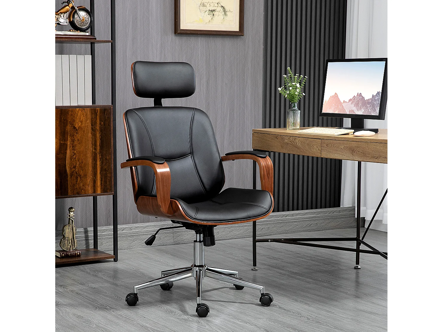Chaise de bureau manager réglable design bois effet noyer synthétique noir