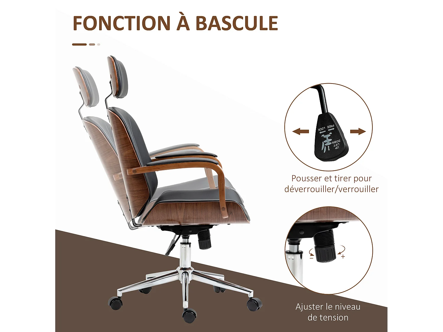 Chaise de bureau manager réglable design bois effet noyer synthétique noir