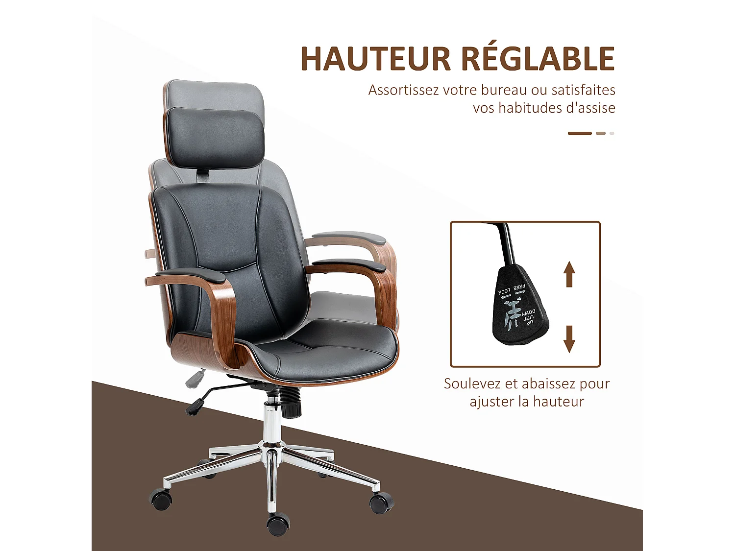 Chaise de bureau manager réglable design bois effet noyer synthétique noir