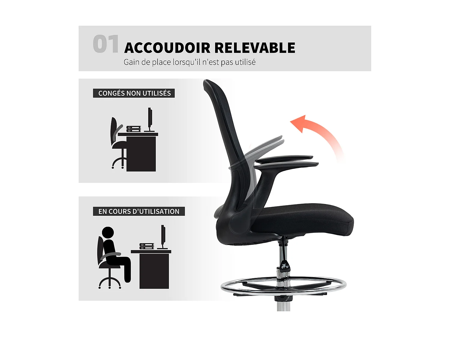 Chaise bureau ergonomique assise haute réglable 54-74cm pivotant 360° accoudoirs relevables maille respirante noir