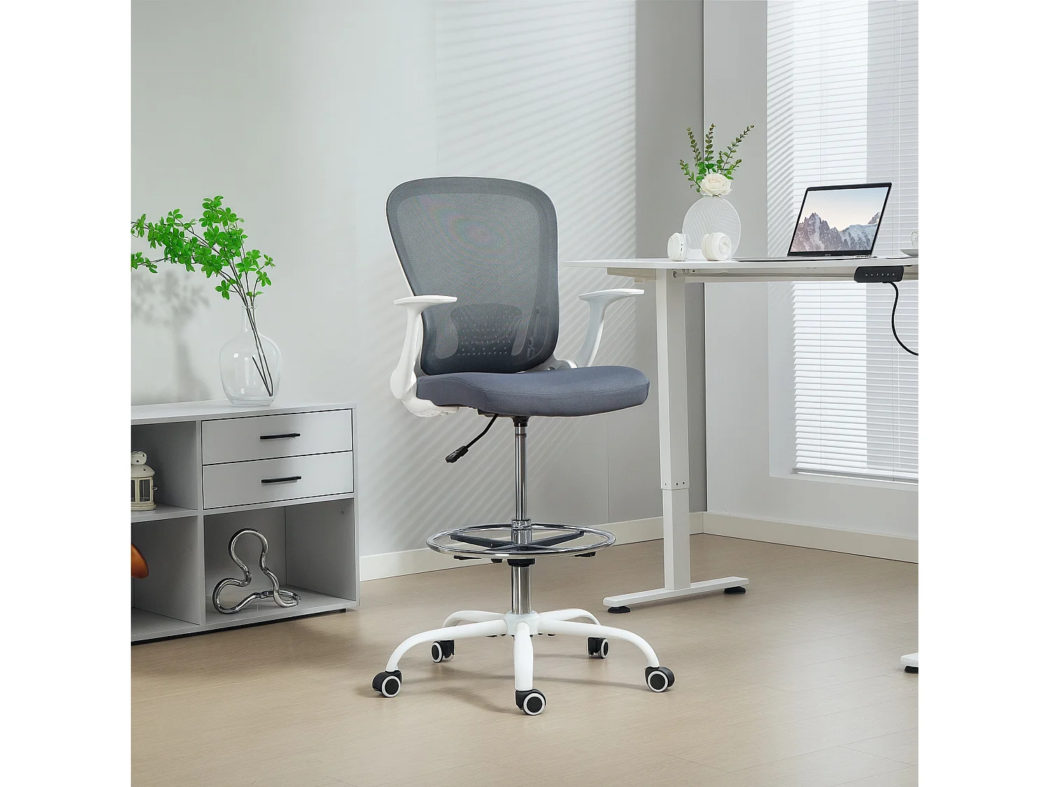 Chaise bureau ergonomique assise haute réglable 54-74cm pivotant 360° accoudoirs relevables maille respirante gris