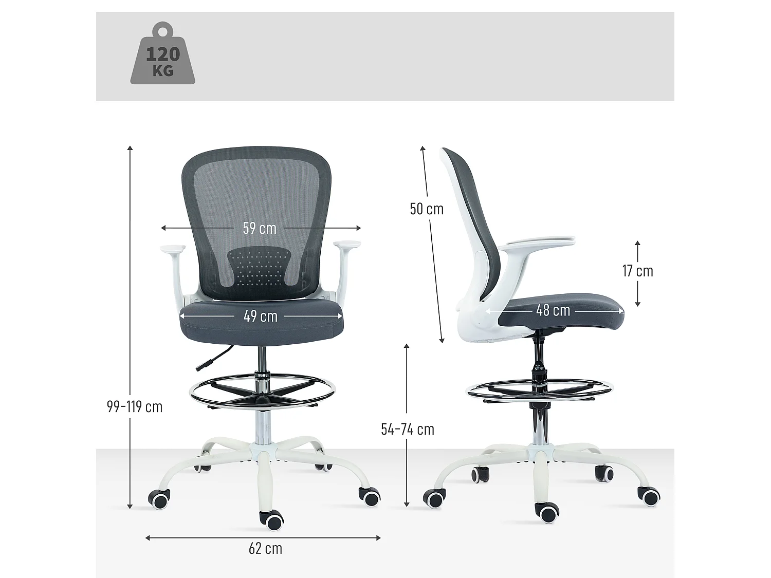 Chaise bureau ergonomique assise haute réglable 54-74cm pivotant 360° accoudoirs relevables maille respirante gris