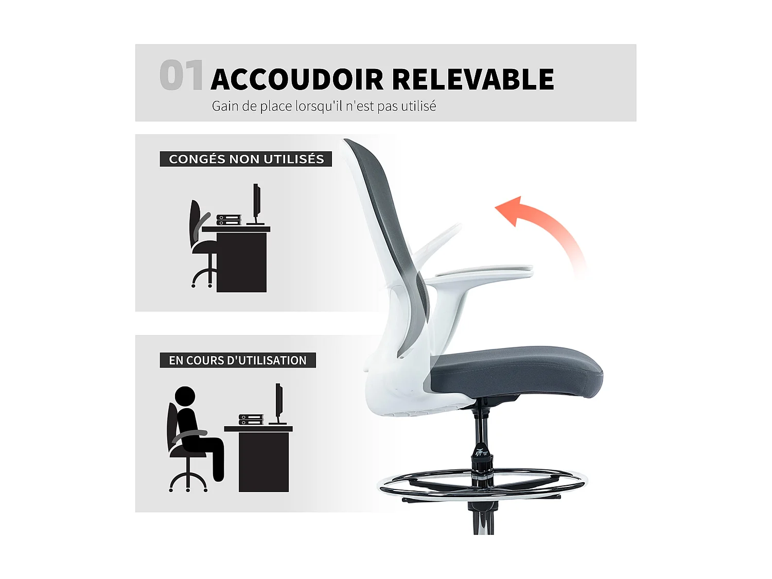 Chaise bureau ergonomique assise haute réglable 54-74cm pivotant 360° accoudoirs relevables maille respirante gris