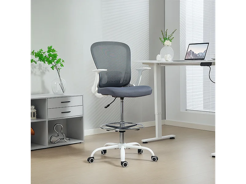Chaise bureau ergonomique assise haute réglable 54-74cm pivotant 360° accoudoirs relevables maille respirante gris