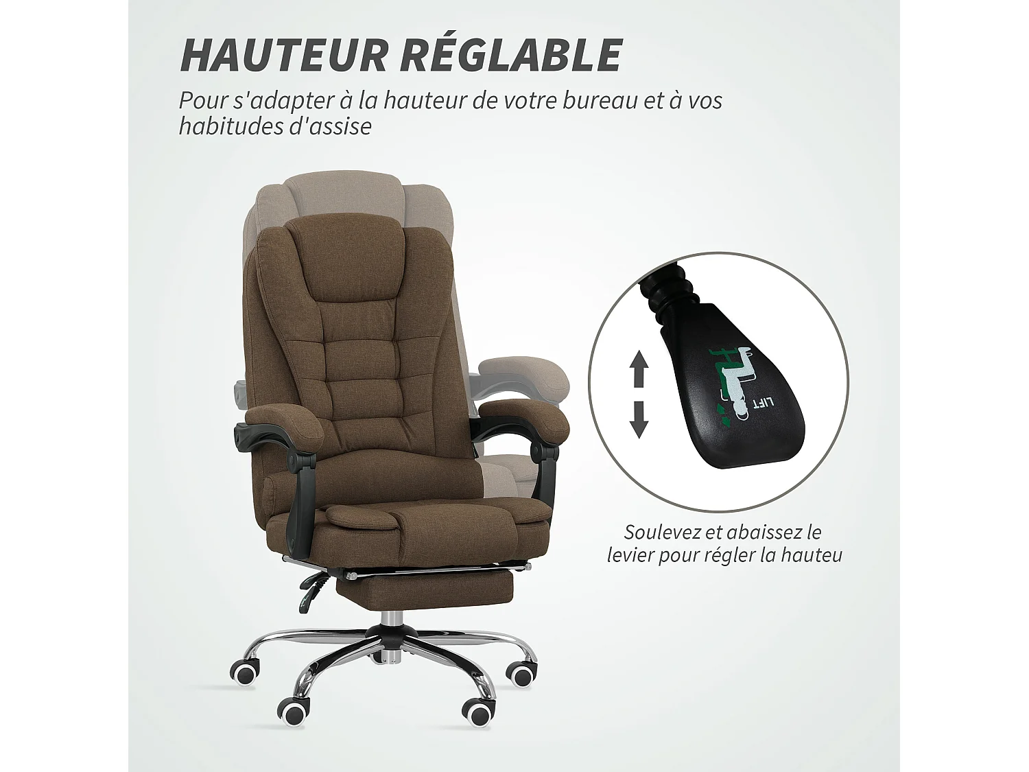 Fauteuil de bureau manager grand confort repose-pied dossier inclinable accoudoirs rembourrés lin beige