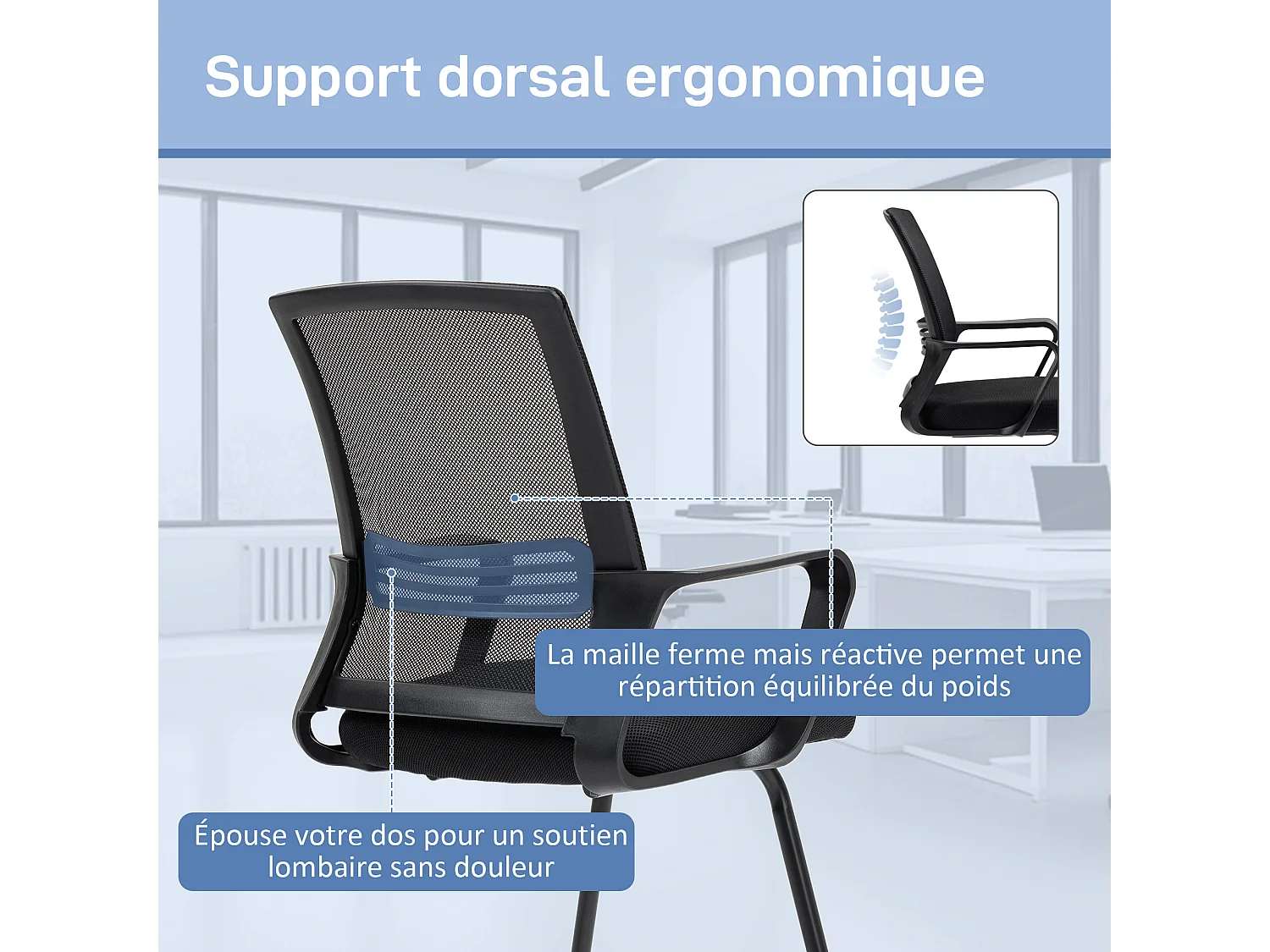 Chaise de visiteur - chaise de bureau design ergonomique - polyester maille noir