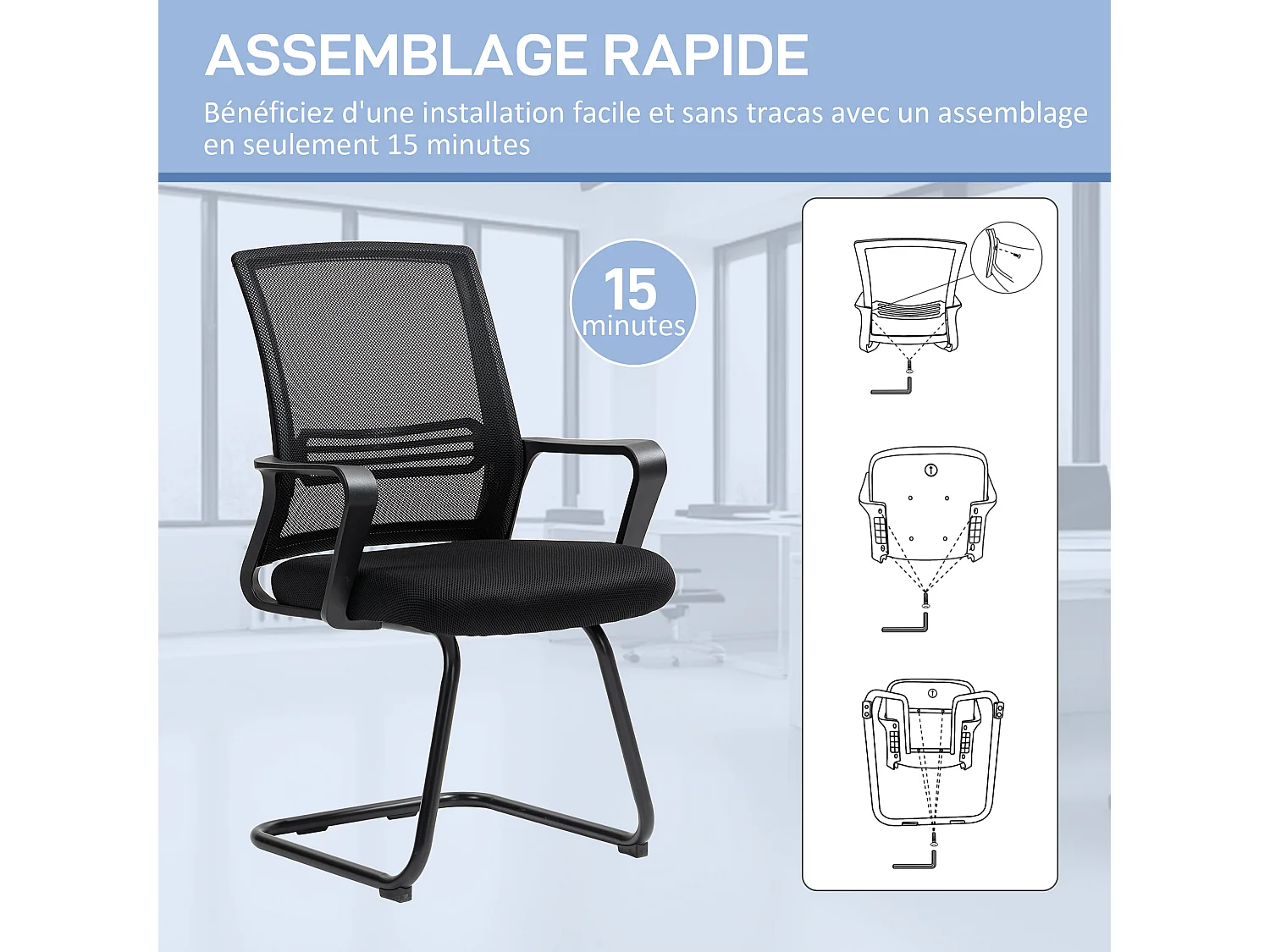 Chaise de visiteur - chaise de bureau design ergonomique - polyester maille noir