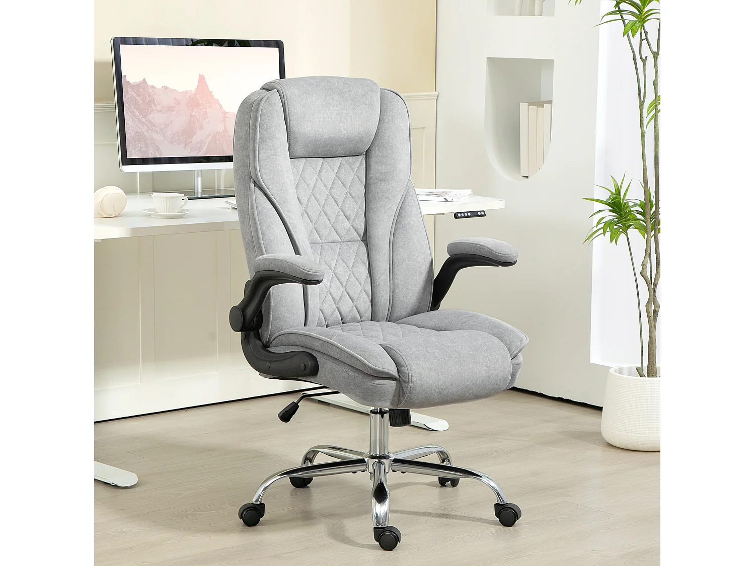 Fauteuil de bureau style Chesterfield réglable accoudoirs rabattables velours gris clair