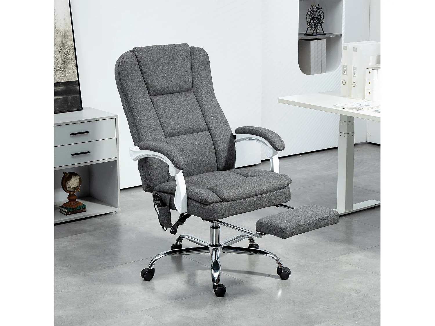 Fauteuil de bureau massant chauffant inclinable repose-pieds rétractable tissu toucher lin gris