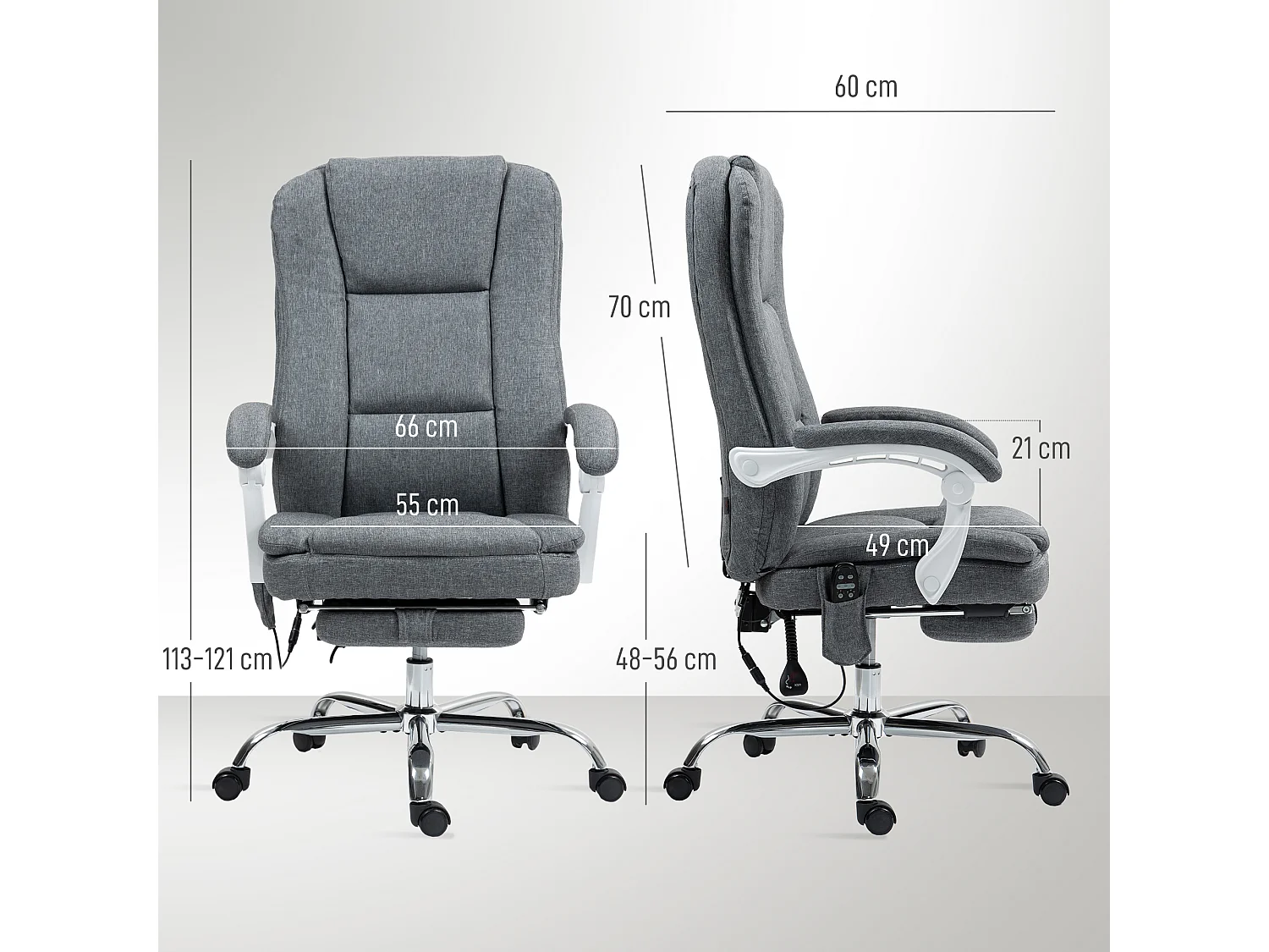 Fauteuil de bureau massant chauffant inclinable repose-pieds rétractable tissu toucher lin gris