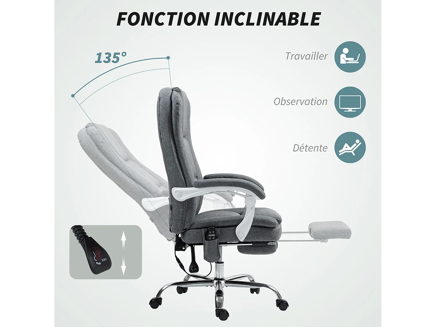 Fauteuil de bureau massant chauffant inclinable repose-pieds rétractable tissu toucher lin gris