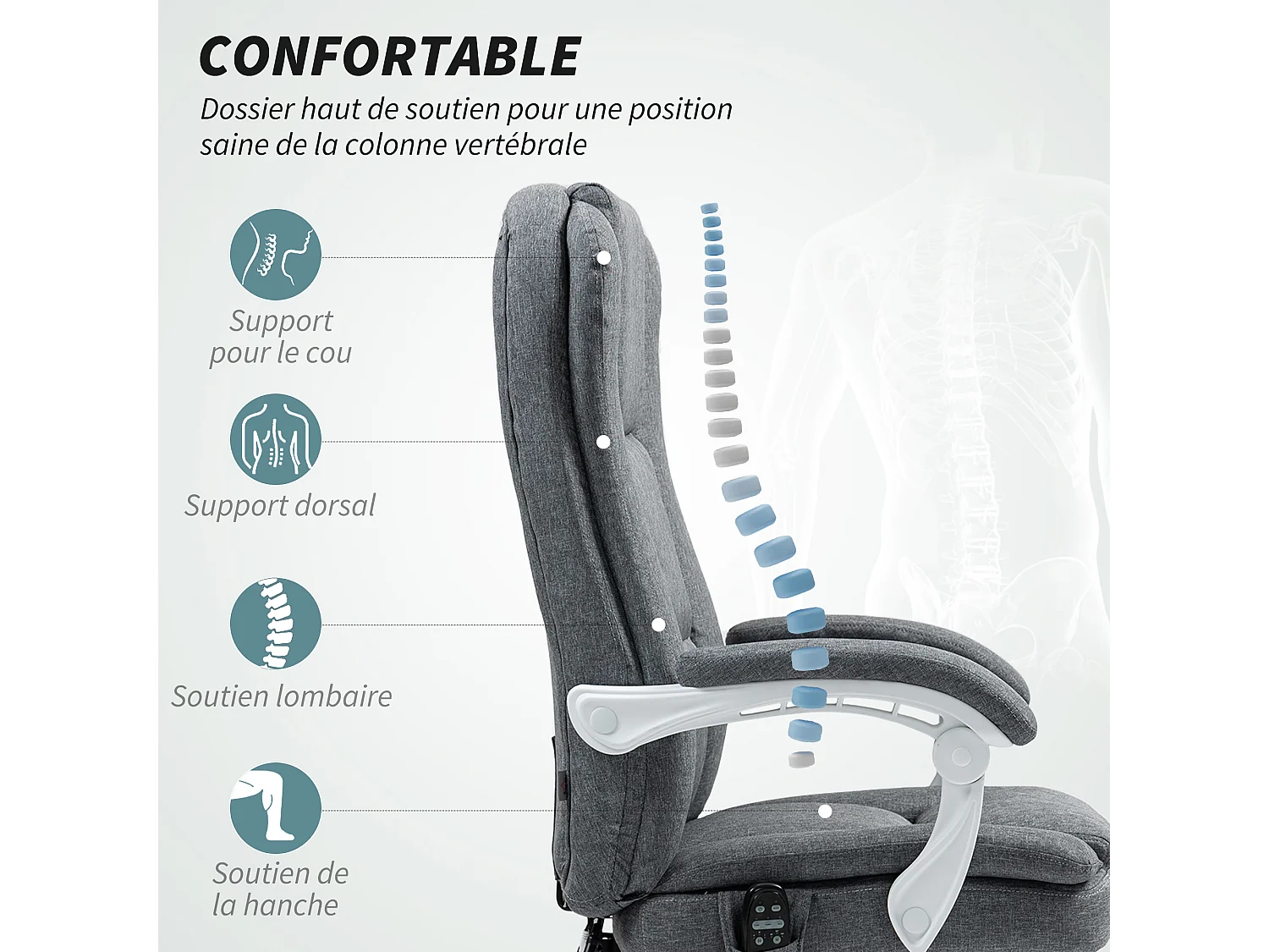 Fauteuil de bureau massant chauffant inclinable repose-pieds rétractable tissu toucher lin gris