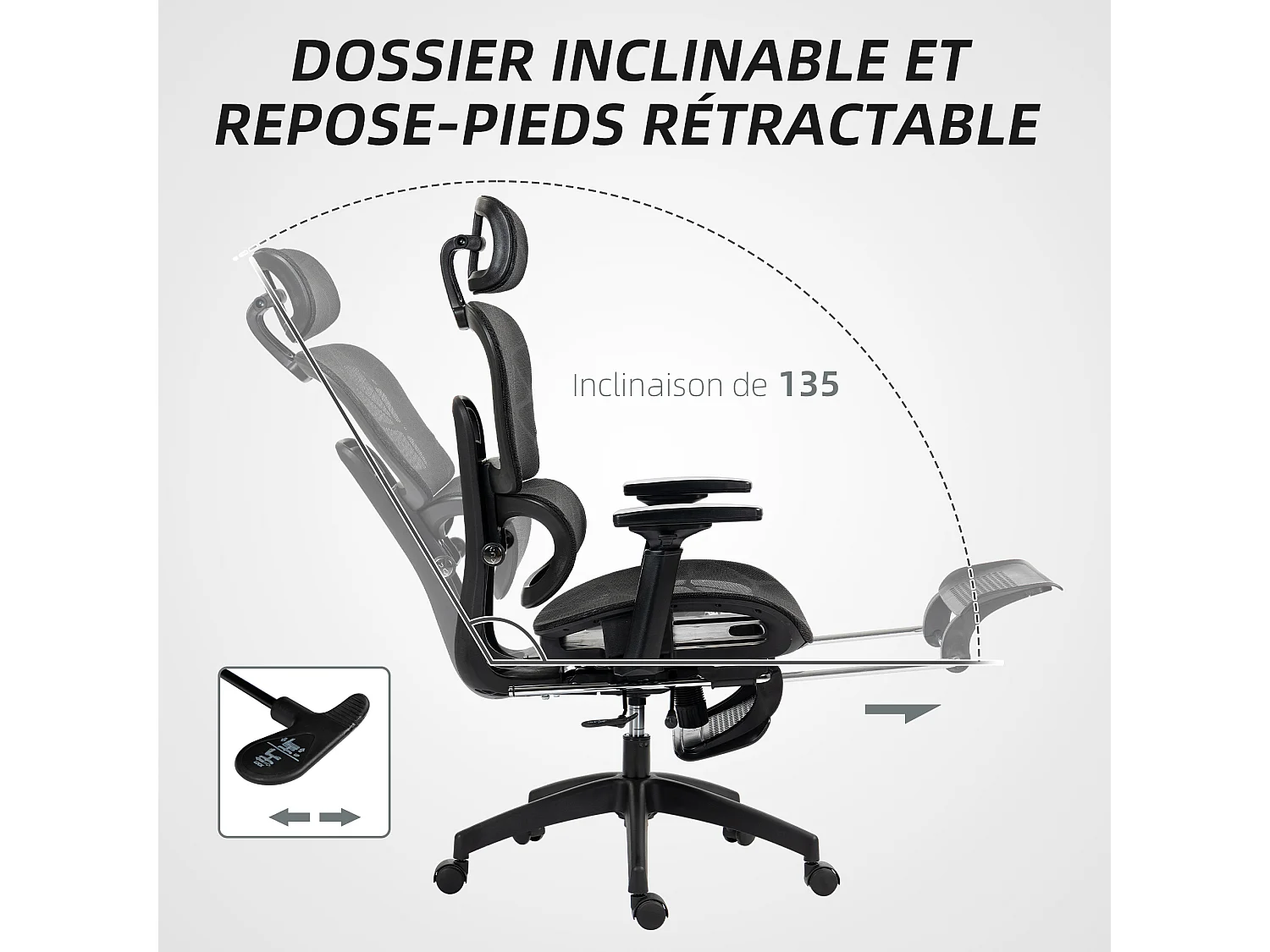 Fauteuil de bureau ergonomique grand confort entièrement réglable tissu maille noir