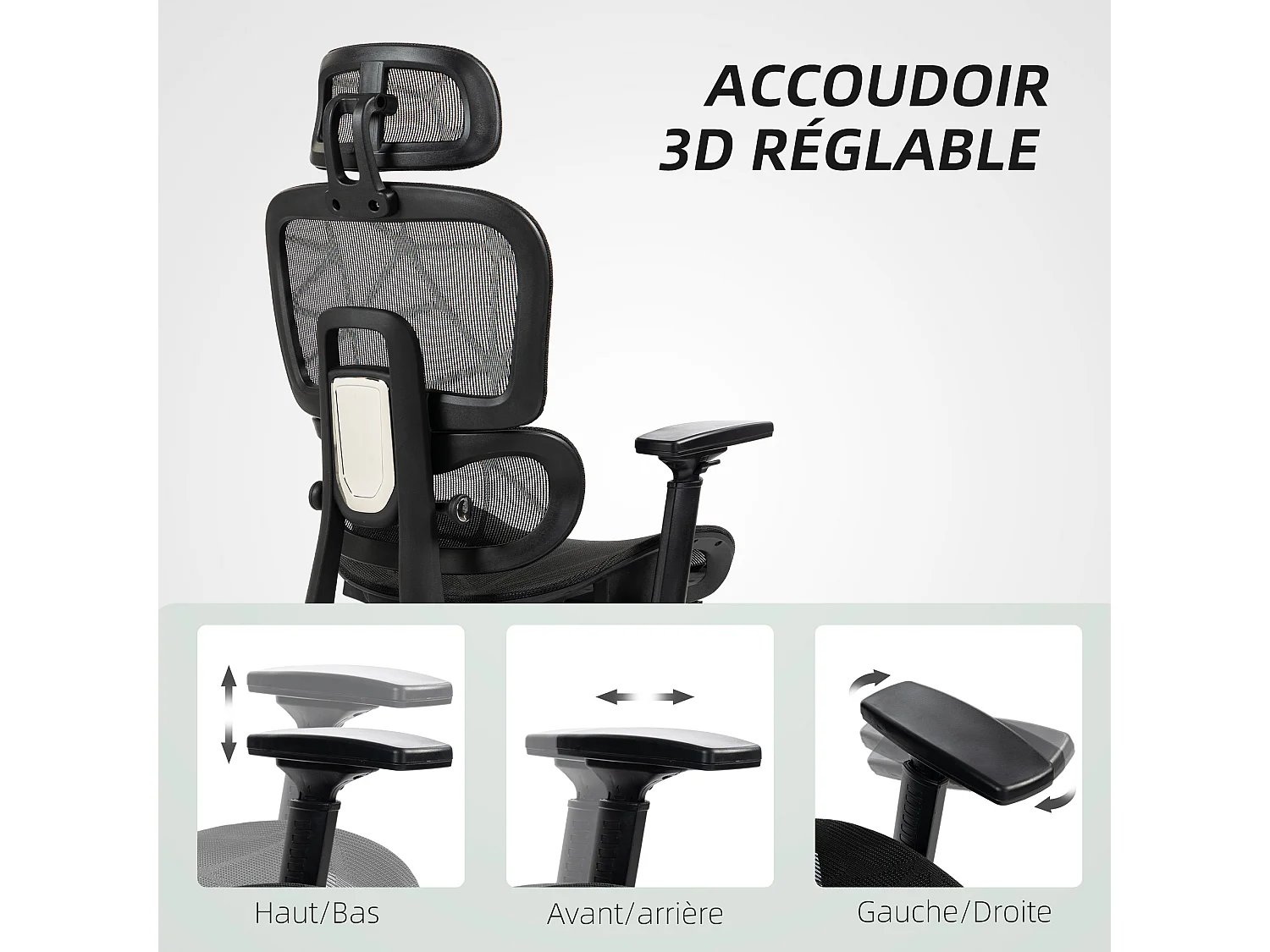 Fauteuil de bureau ergonomique grand confort entièrement réglable tissu maille noir