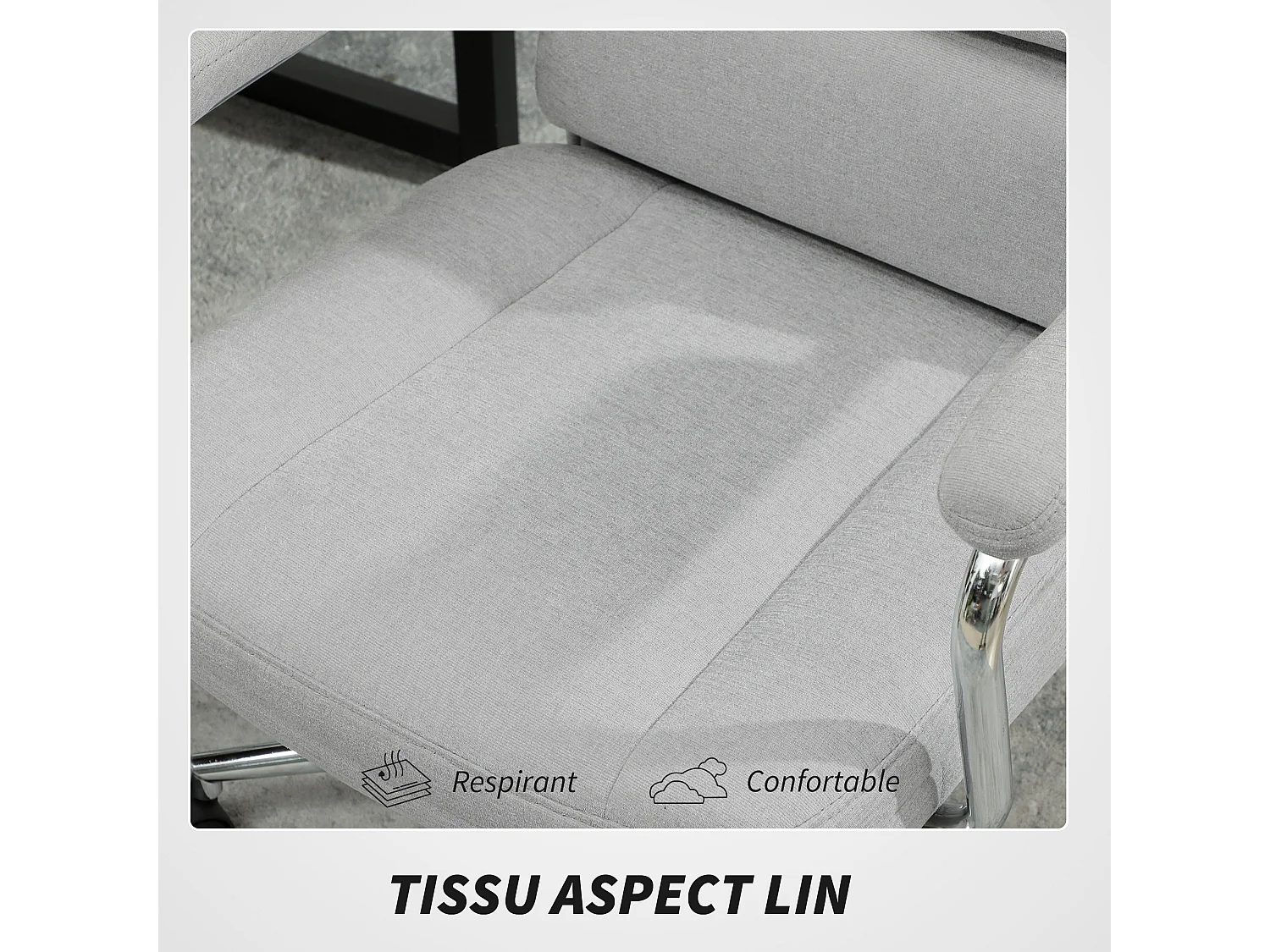 Fauteuil de bureau manager design accoudoirs rembourrés acier chromé tissu toucher lin gris clair