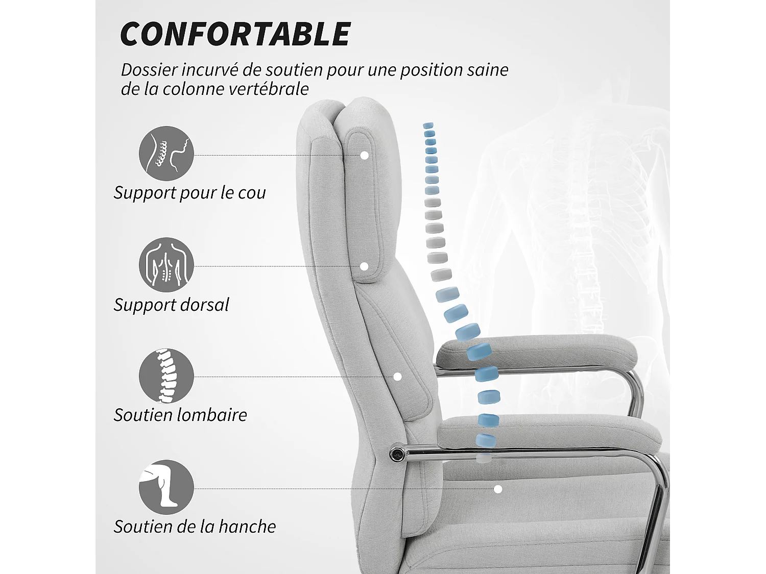 Fauteuil de bureau manager design accoudoirs rembourrés acier chromé tissu toucher lin gris clair