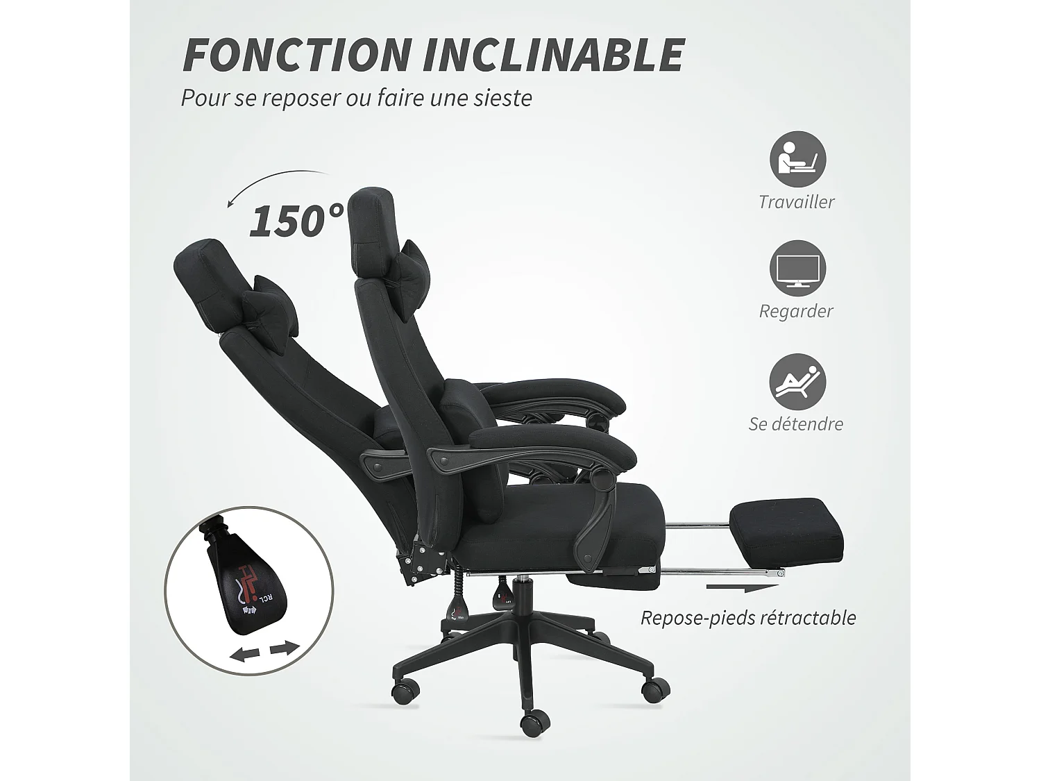 Fauteuil de bureau manager grand confort dossier réglable repose-pied coussin lombaire roulettes 360° lin 62L x 68P x 127H cm noir