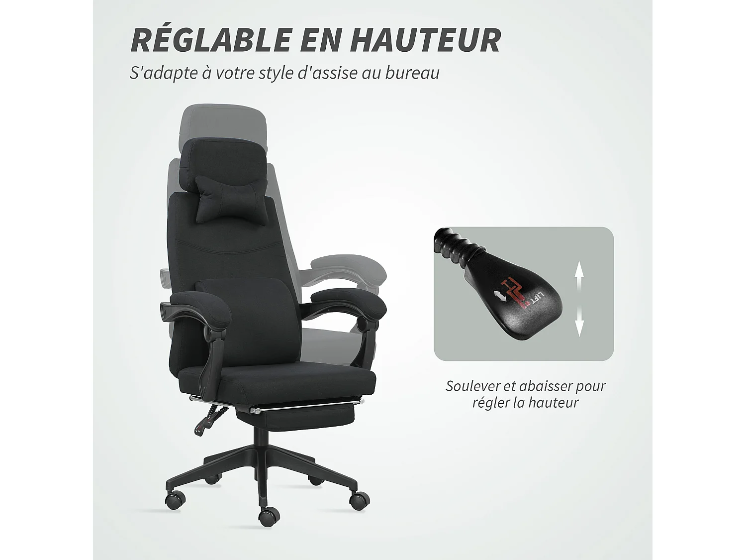 Fauteuil de bureau manager grand confort dossier réglable repose-pied coussin lombaire roulettes 360° lin 62L x 68P x 127H cm noir