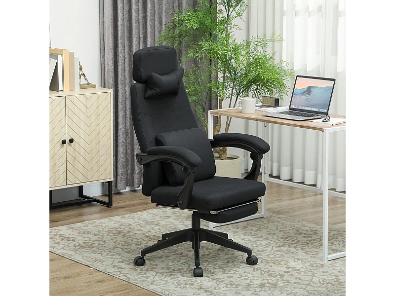 Fauteuil de bureau manager grand confort dossier réglable repose-pied coussin lombaire roulettes 360° lin 62L x 68P x 127H cm noir