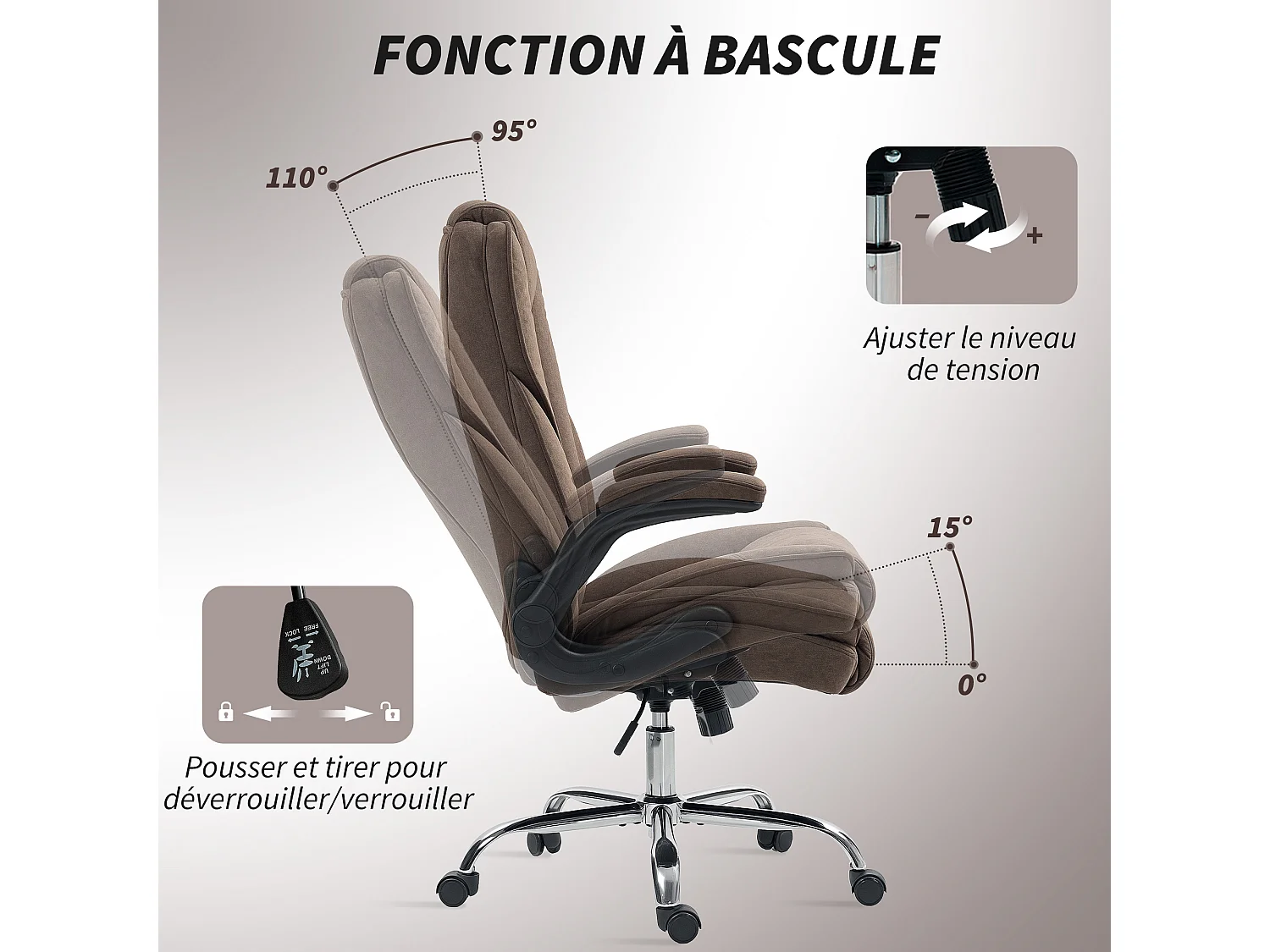 Fauteuil de bureau style Chesterfield réglable accoudoirs rabattables velours chocolat