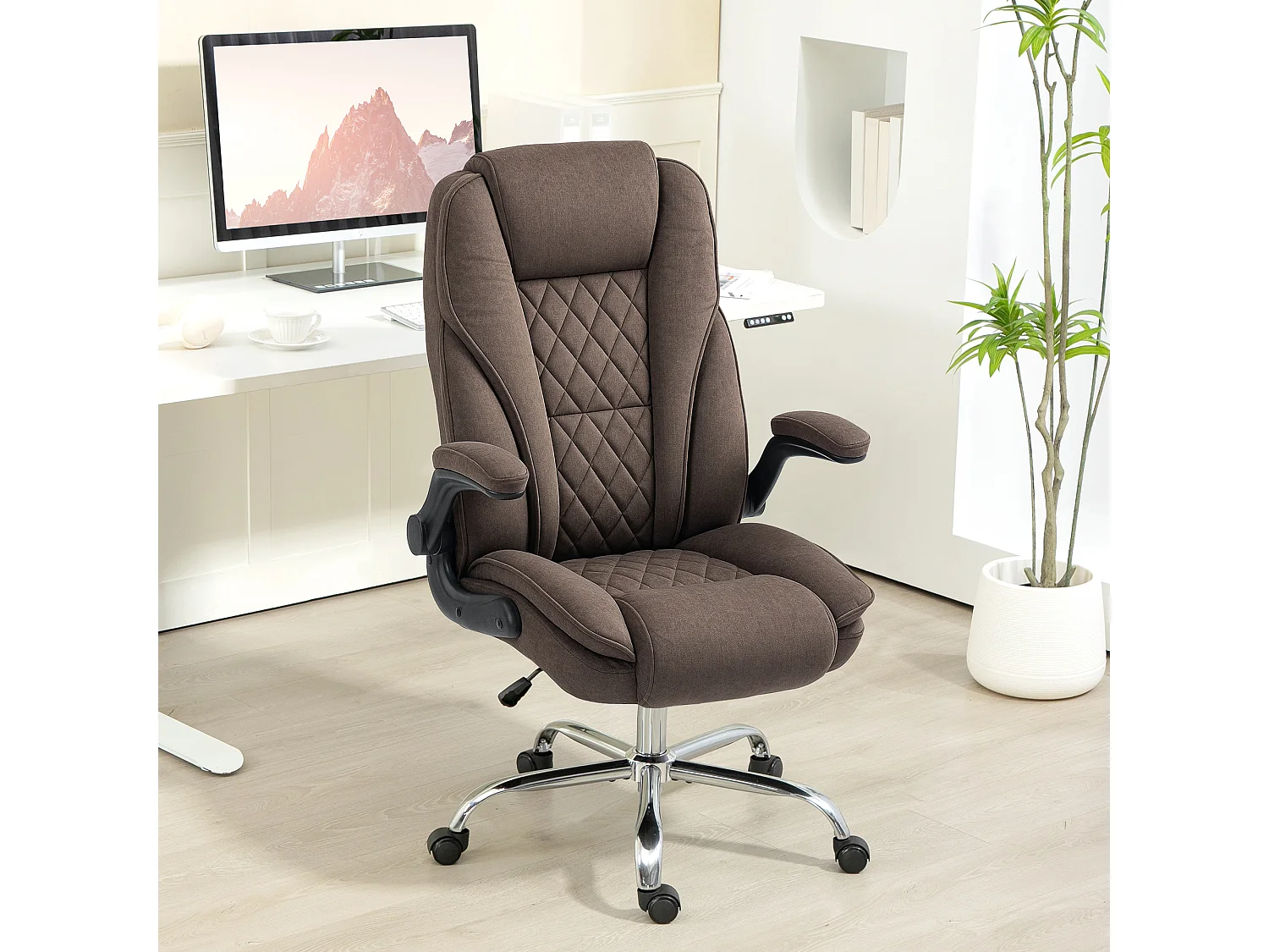 Fauteuil de bureau style Chesterfield réglable accoudoirs rabattables velours chocolat