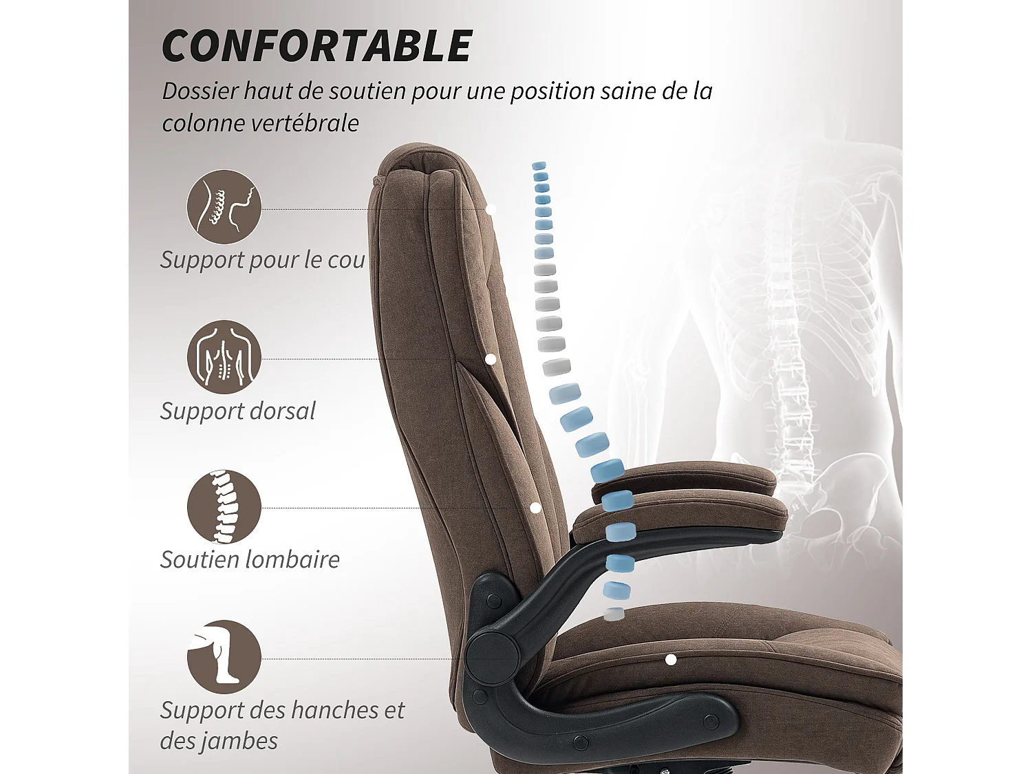 Fauteuil de bureau style Chesterfield réglable accoudoirs rabattables velours chocolat