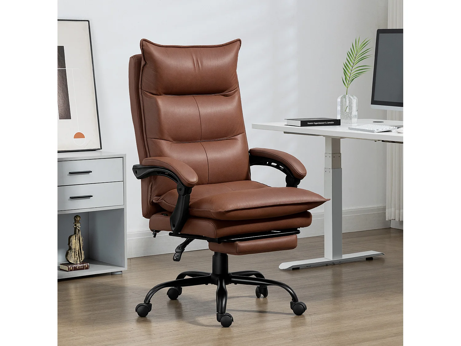 Fauteuil de bureau massant chauffant inclinable réglable repose-pieds rétractable microfibre marron