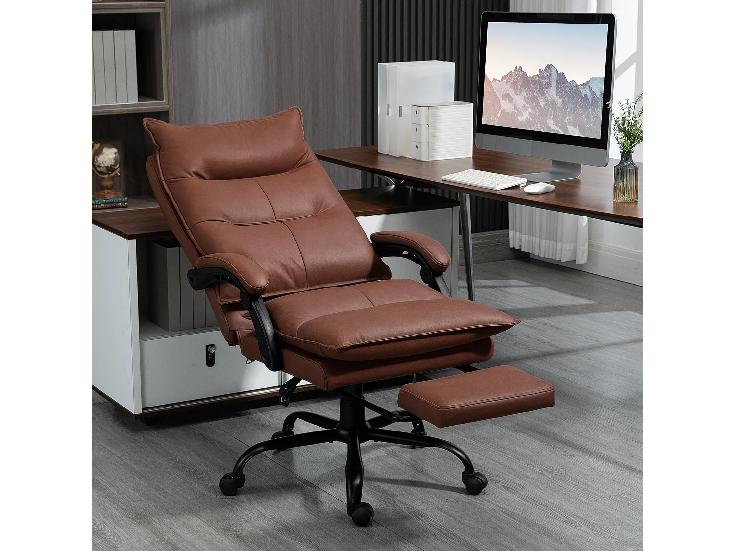 Fauteuil de bureau massant chauffant inclinable réglable repose-pieds rétractable microfibre marron
