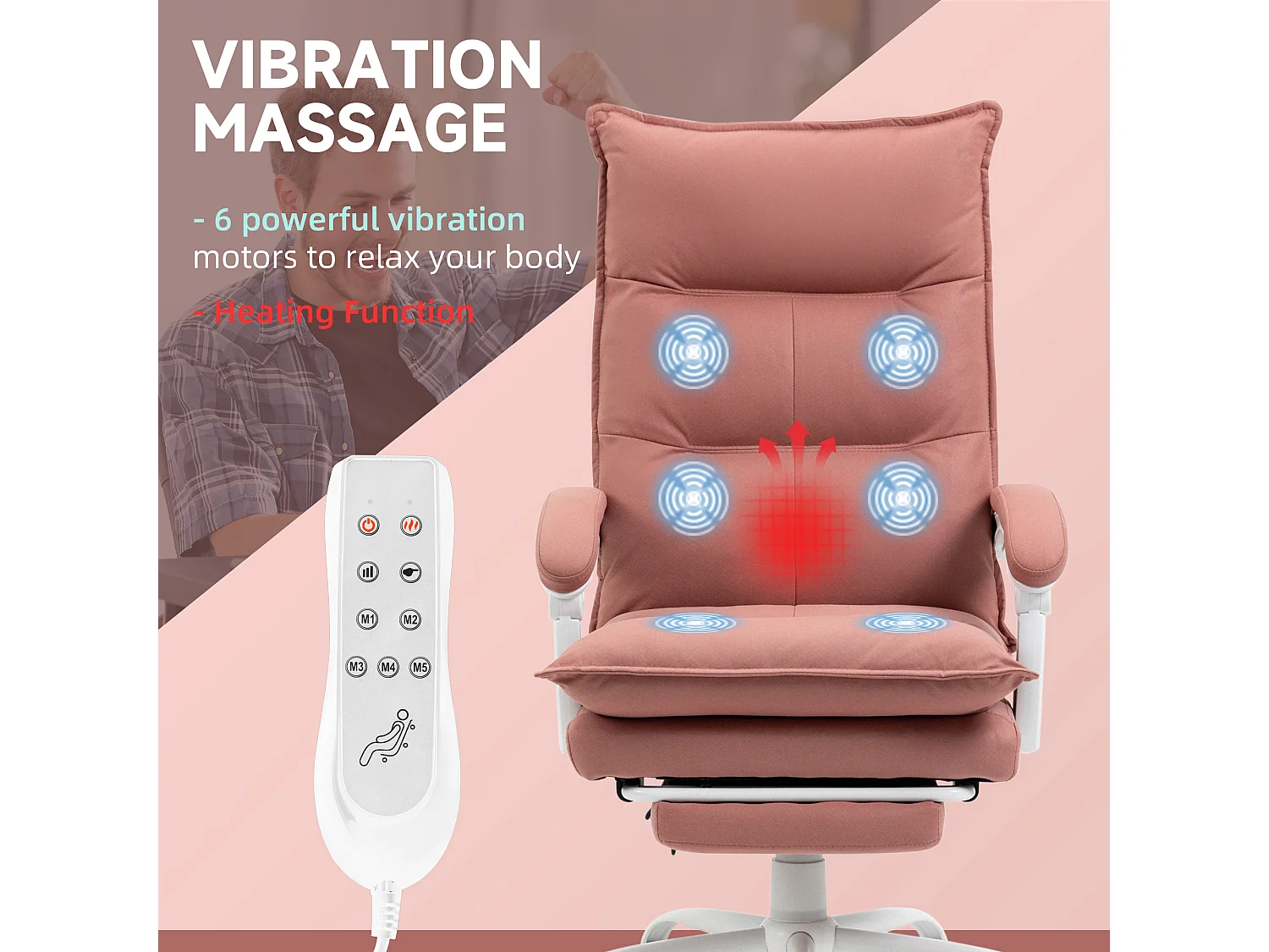 Fauteuil de bureau massant chauffant inclinable réglable repose-pieds rétractable microfibre rose