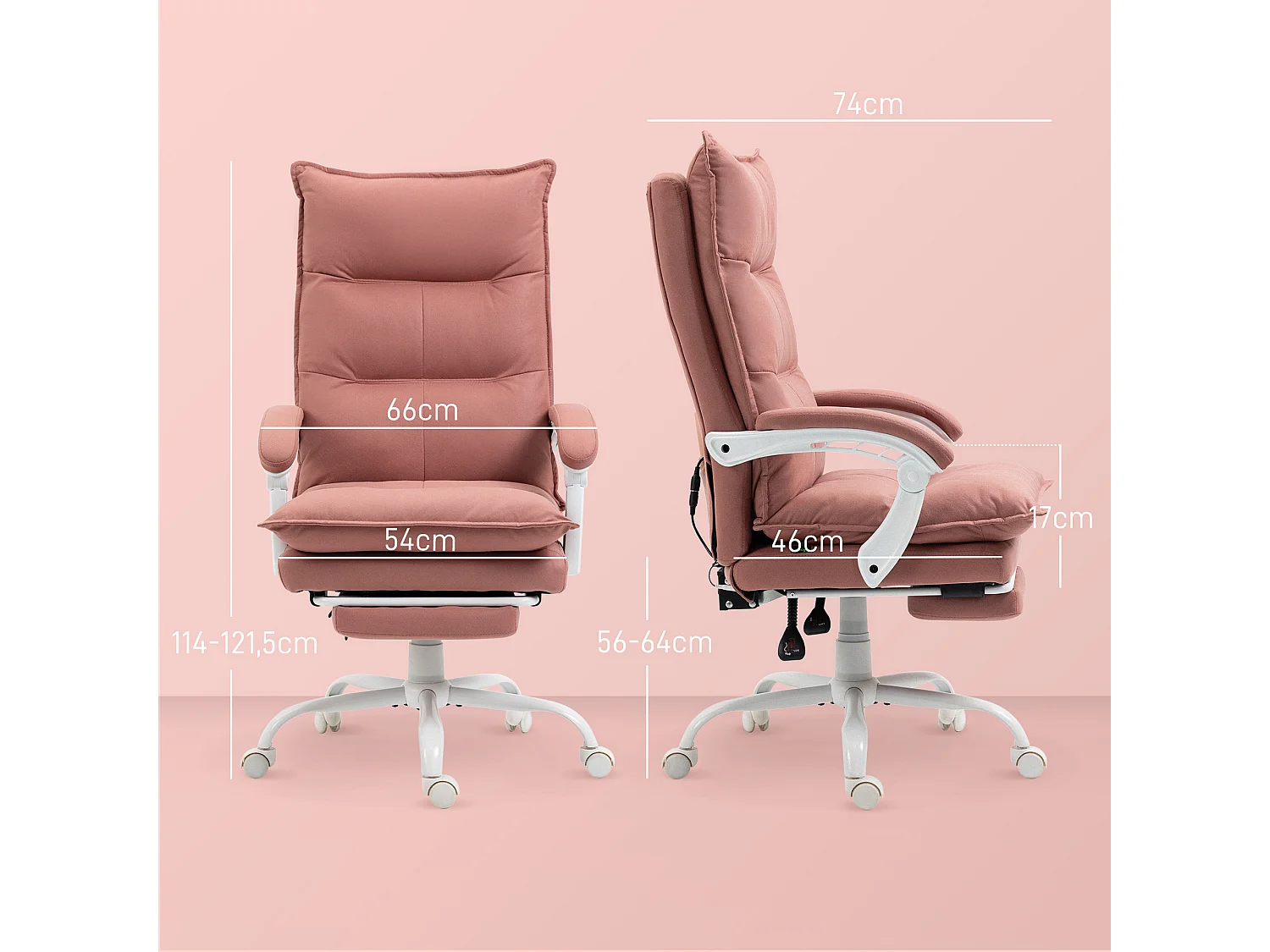 Fauteuil de bureau massant chauffant inclinable réglable repose-pieds rétractable microfibre rose