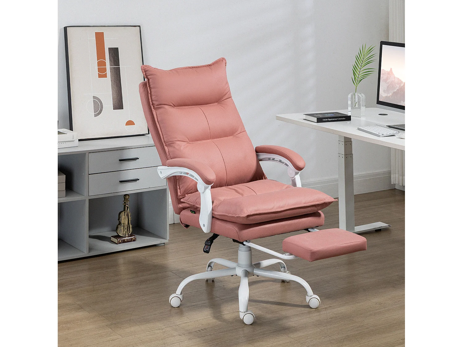 Fauteuil de bureau massant chauffant inclinable réglable repose-pieds rétractable microfibre rose
