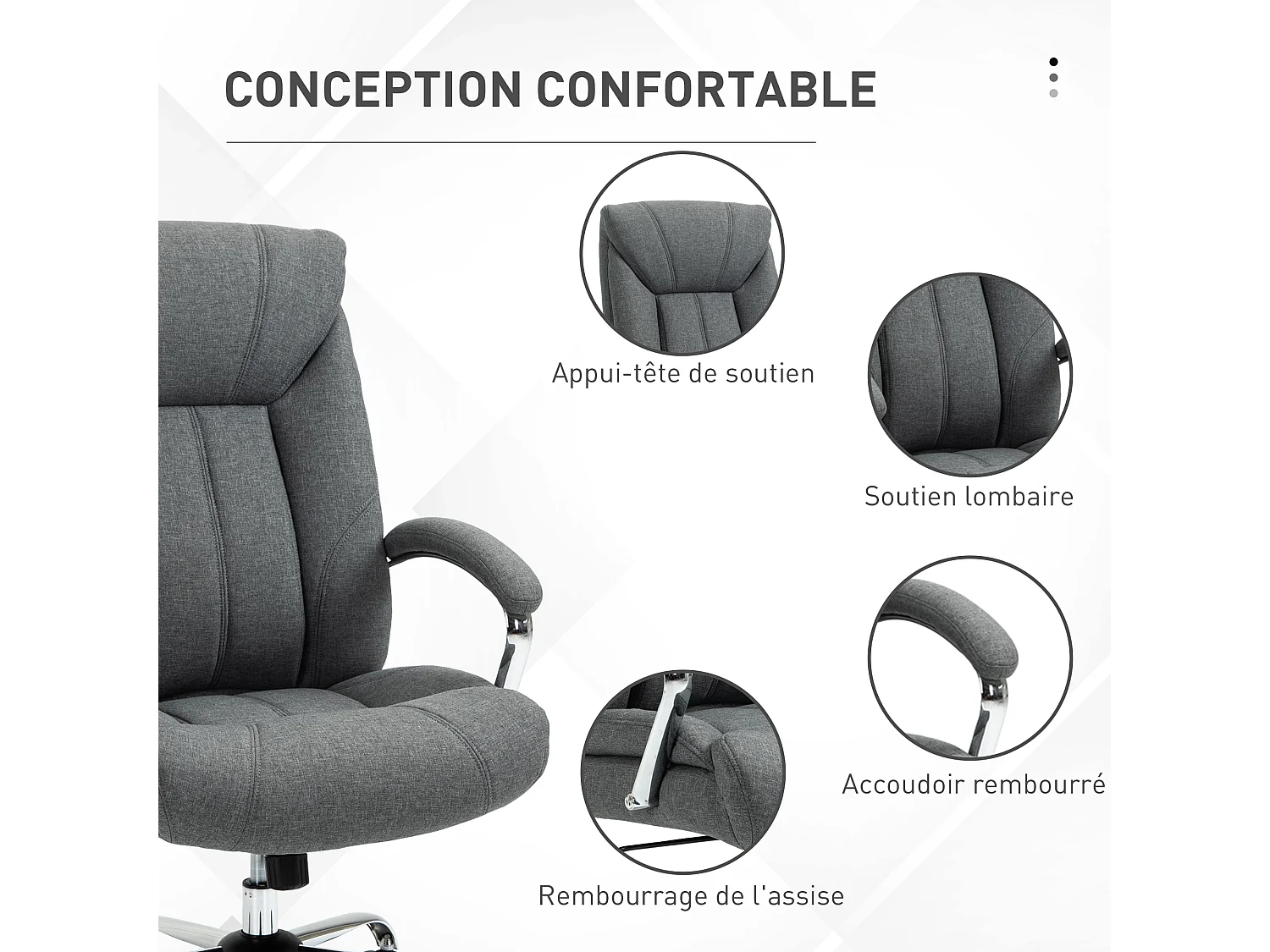 Fauteuil de bureau manager - chaise de bureau grand confort réglable pivotante - acier chromé tissu gris