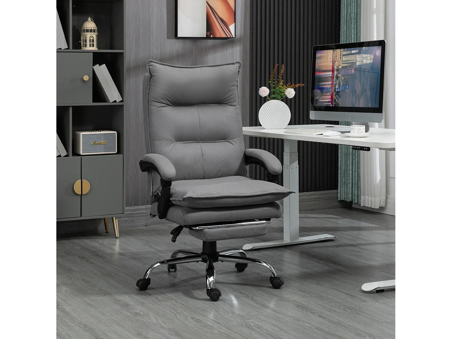 Fauteuil de bureau massant chauffant inclinable réglable repose-pieds rétractable microfibre gris