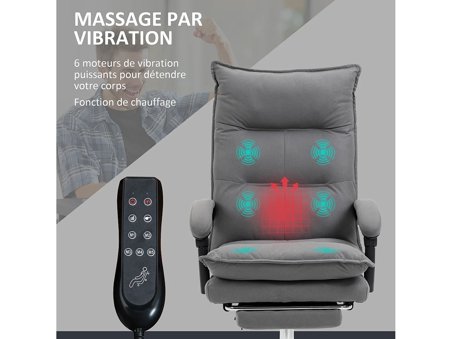 Fauteuil de bureau massant chauffant inclinable réglable repose-pieds rétractable microfibre gris