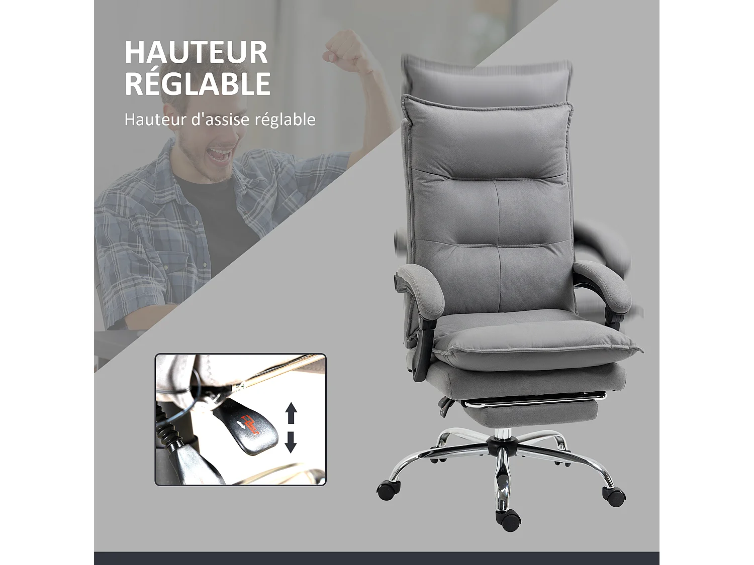 Fauteuil de bureau massant chauffant inclinable réglable repose-pieds rétractable microfibre gris