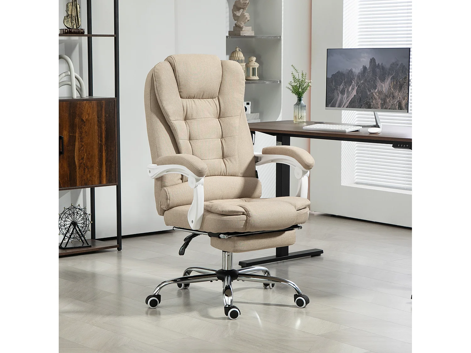 Fauteuil de bureau manager grand confort repose-pied dossier inclinable accoudoirs rembourrés lin beige