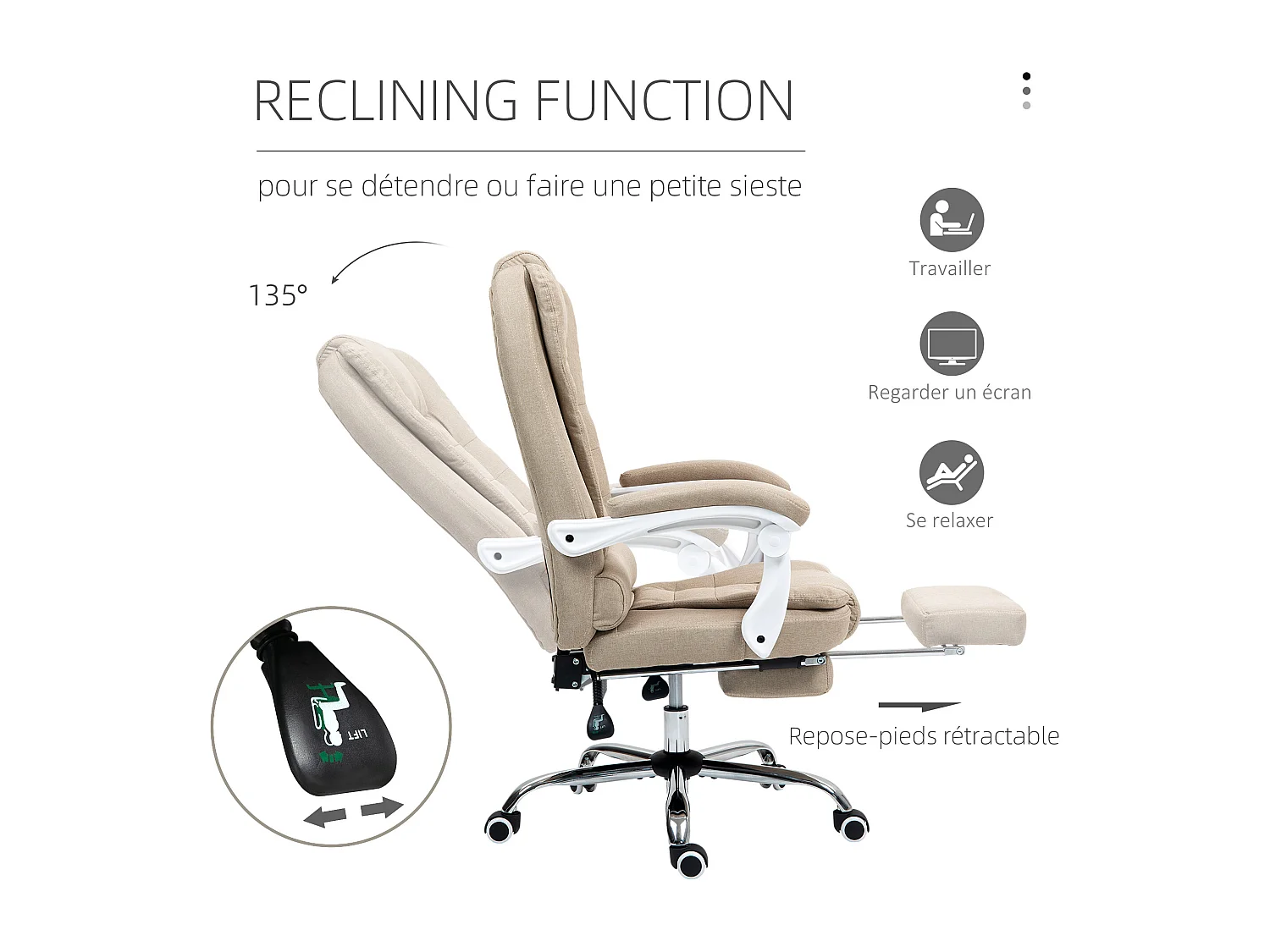 Fauteuil de bureau manager grand confort repose-pied dossier inclinable accoudoirs rembourrés lin beige