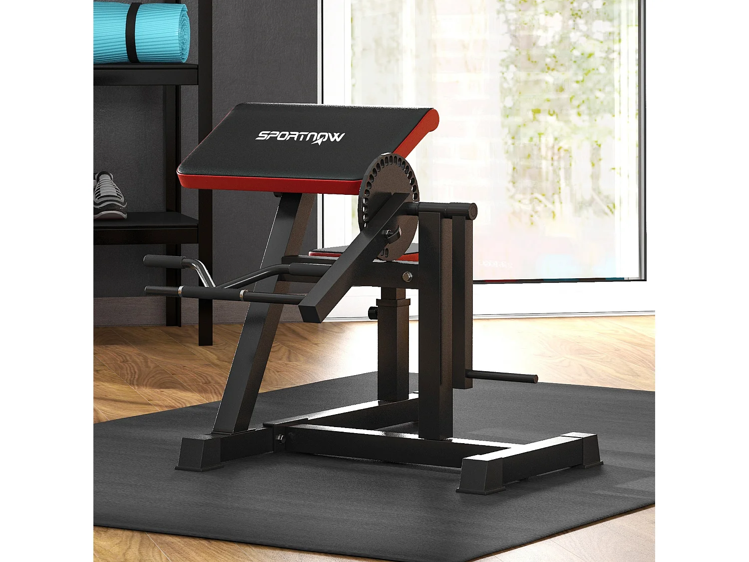 Banc à biceps preacher curl assise réglable 5 niveaux charge max. 120 Kg acier noir rouge