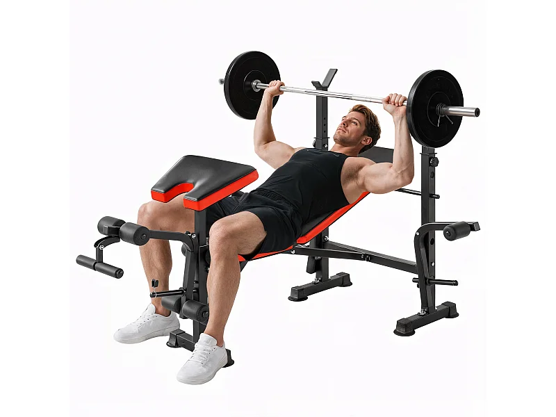 Banc de musculation Fitness entrainement complet avec support d'haltères dossier réglable acier noir rouge