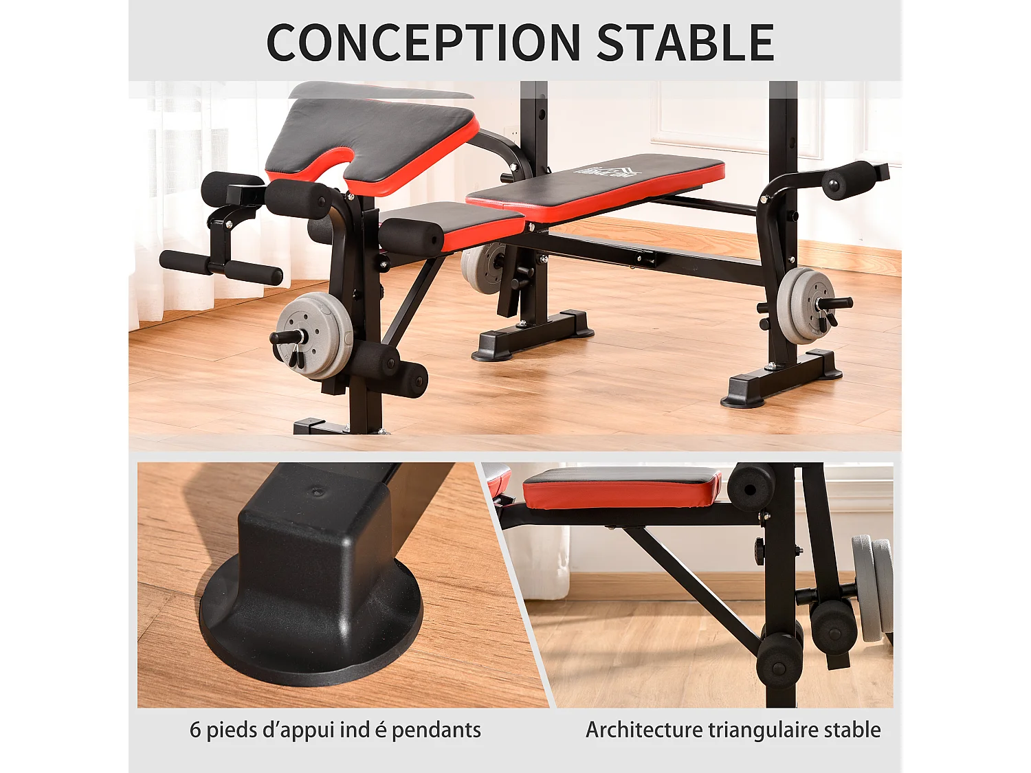Banc de musculation Fitness entrainement complet avec support d'haltères dossier réglable acier noir rouge