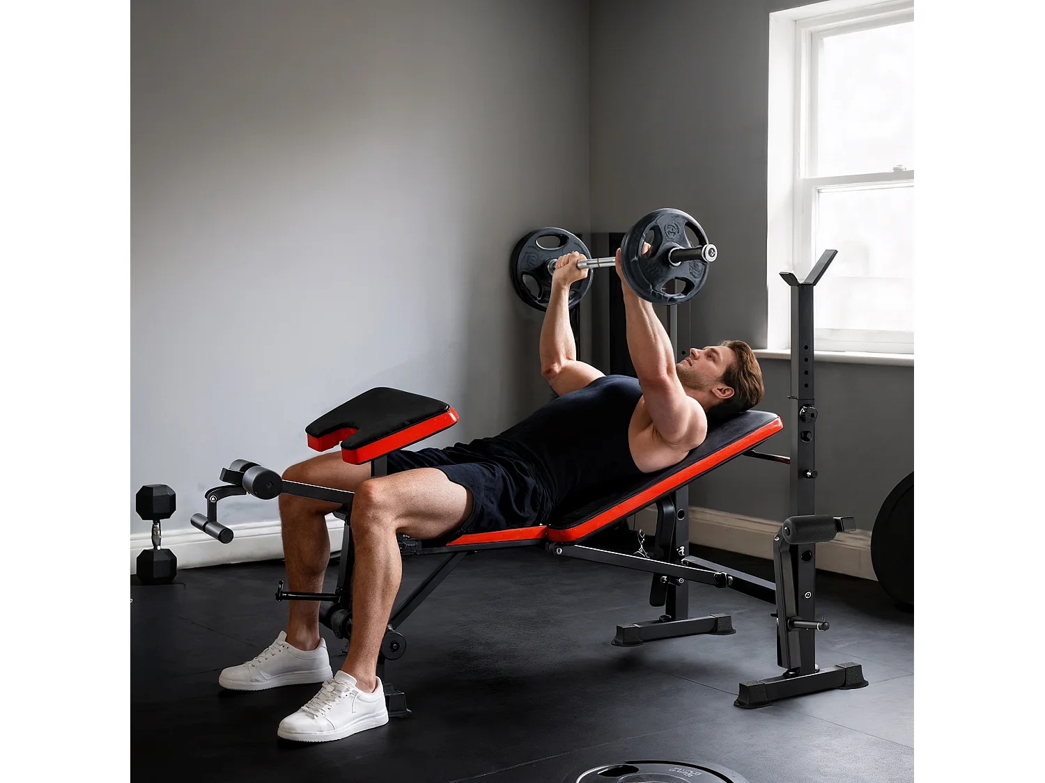 Banc de musculation Fitness entrainement complet avec support d'haltères dossier réglable acier noir rouge