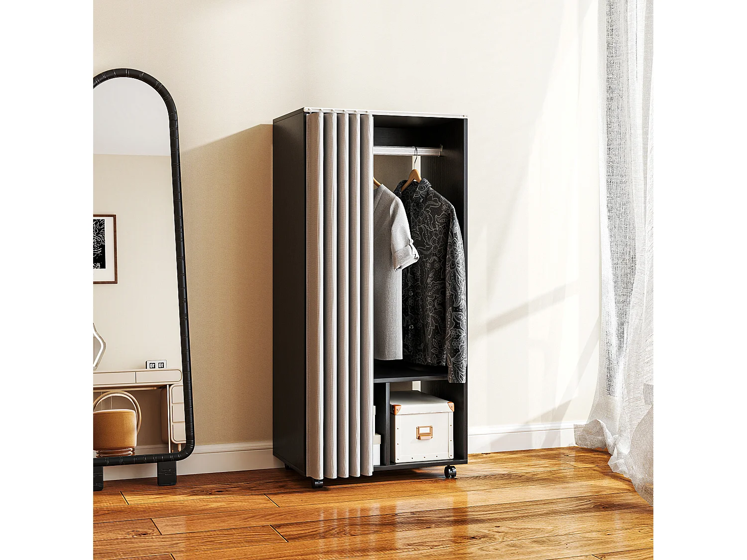 Armoire penderie sur roulettes - tringle penderie, 2 compartiments - effet bois noir rideau gris