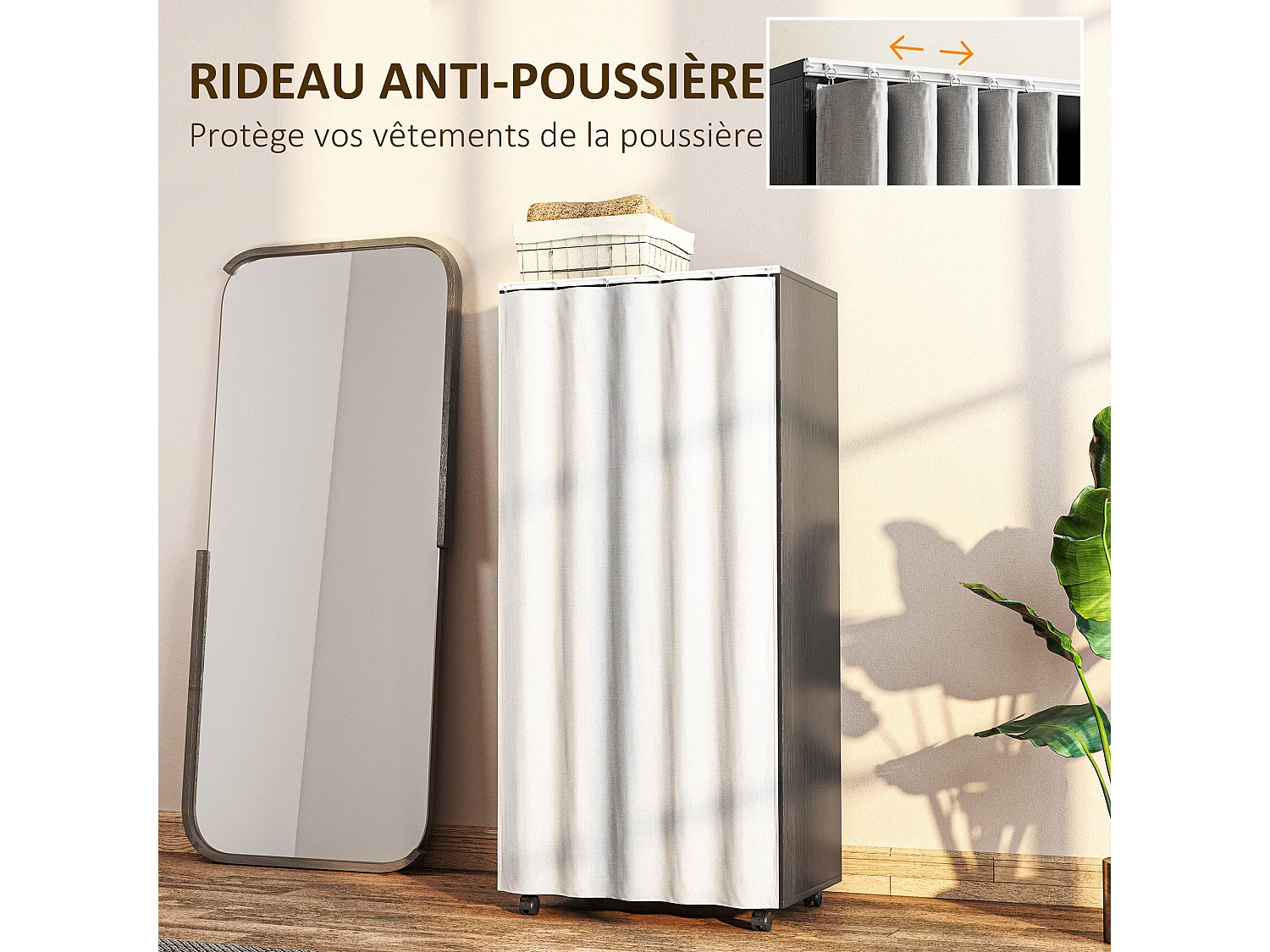 Armoire penderie sur roulettes - tringle penderie, 2 compartiments - effet bois noir rideau gris