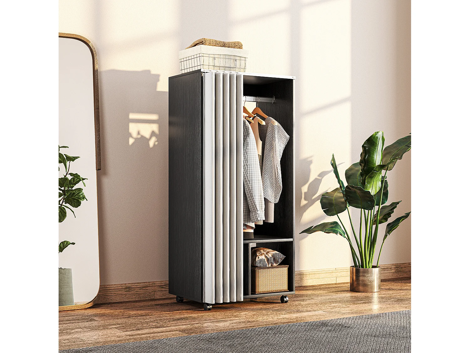 Armoire penderie sur roulettes - tringle penderie, 2 compartiments - effet bois noir rideau gris